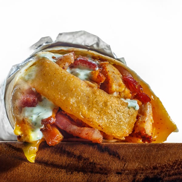 A Sweeto Burrito with chicken, bacon, and a crispy hash brown, drizzled with sauce.