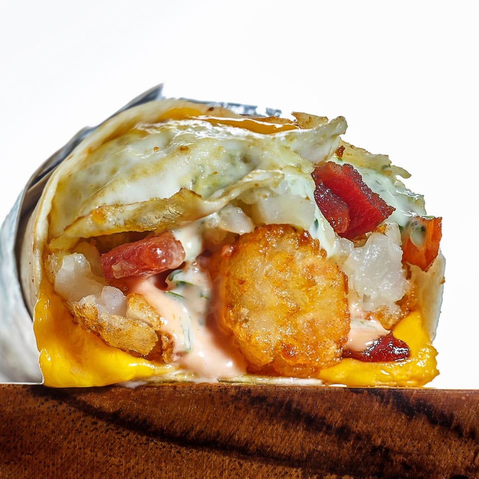 Close-up of a Sweeto Burrito with fried egg, bacon, tater tots, cheese, and sauce.